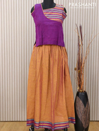 Mangalagiri cotton kids lehanga purple and dual shade of mustard with patch work neck pattern and thread woven border for 12 years - sleeve attached