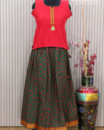 Mangalagiri cotton kids lehanga red and green with patch work neck pattern and thread woven border for 12 years - sleeve attached - {{ collection.title }} by Prashanti Sarees