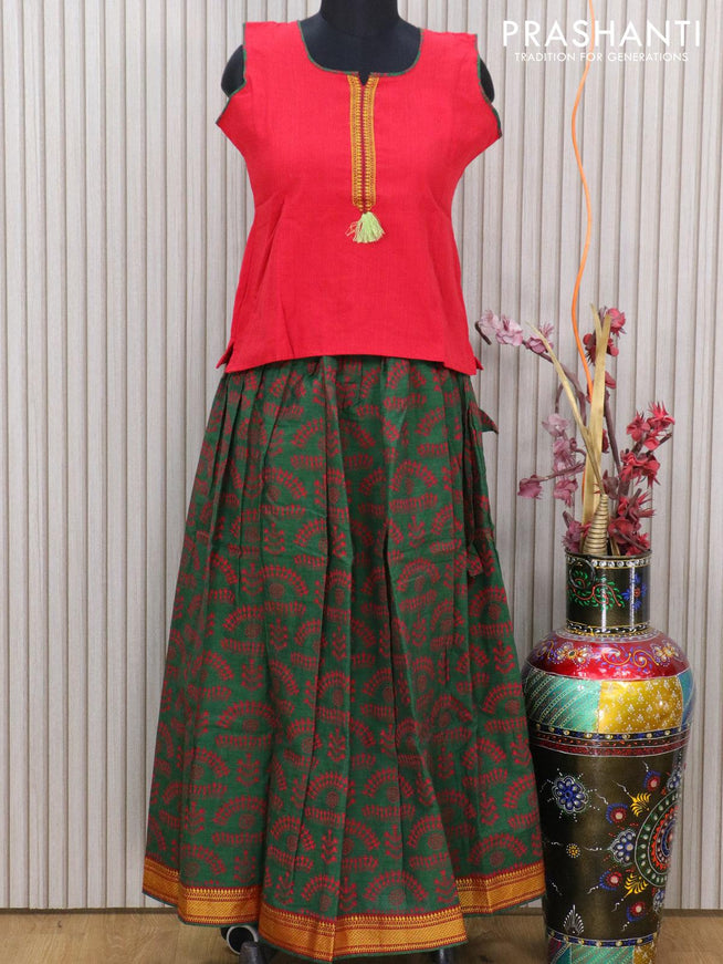 Mangalagiri cotton kids lehanga red and green with patch work neck pattern and thread woven border for 12 years - sleeve attached - {{ collection.title }} by Prashanti Sarees