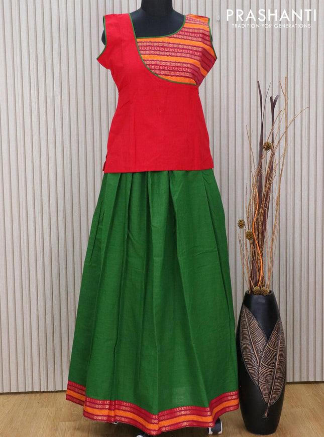 Mangalagiri cotton kids lehanga red and green with patch work neck pattern and zari woven border for 15 years - sleeve attached - {{ collection.title }} by Prashanti Sarees