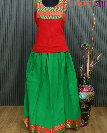 Mangalagiri cotton kids lehanga red and green with patch work neck pattern and zari woven border for 16 years - sleeve attached - {{ collection.title }} by Prashanti Sarees