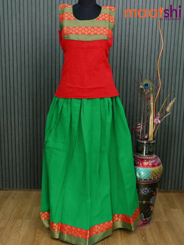 Mangalagiri cotton kids lehanga red and green with patch work neck pattern and zari woven border for 16 years - sleeve attached - {{ collection.title }} by Prashanti Sarees
