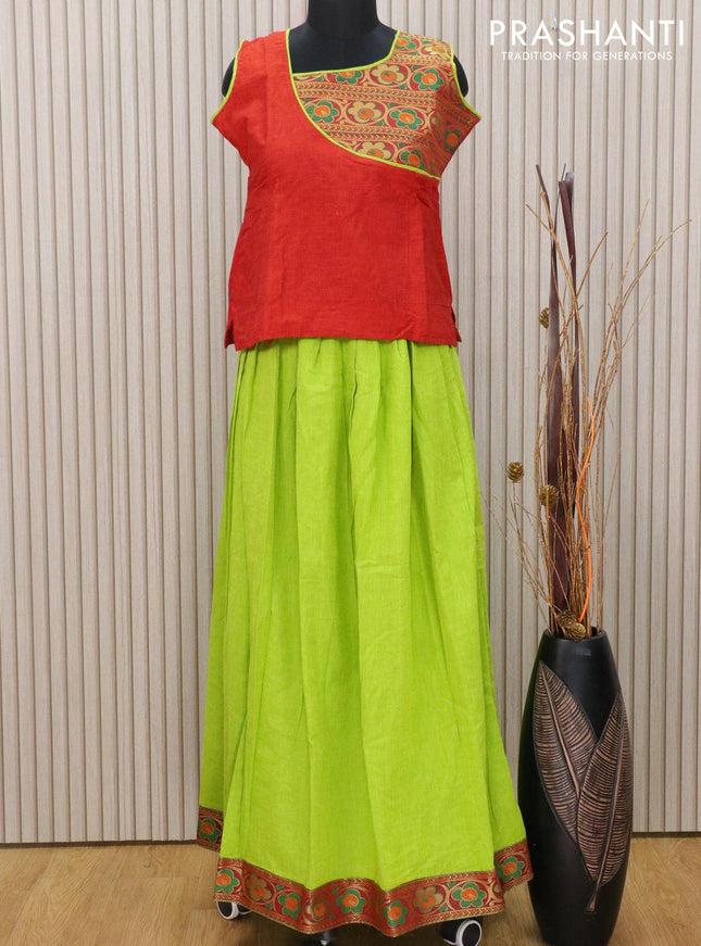 Mangalagiri cotton kids lehanga rustic orange and light green with patch work neck pattern and floral zari woven border for 13 years - sleeve attached - {{ collection.title }} by Prashanti Sarees