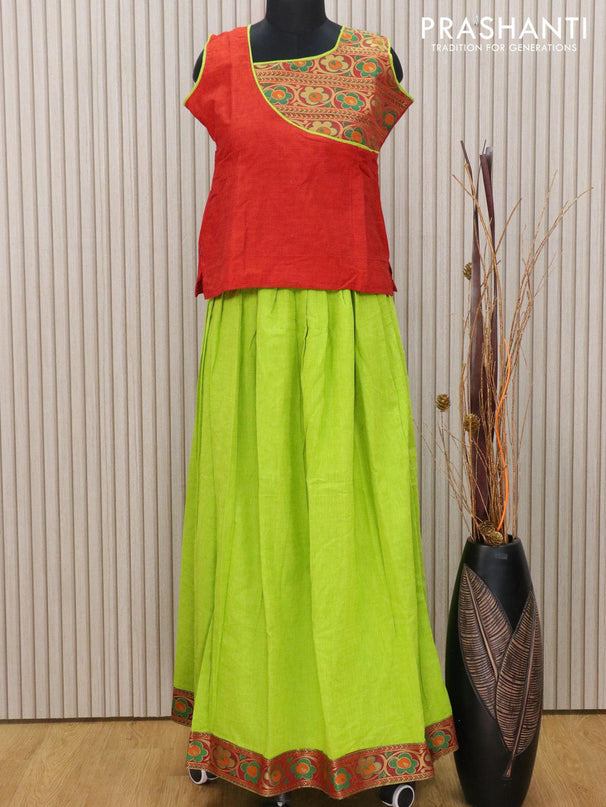 Mangalagiri cotton kids lehanga rustic orange and light green with patch work neck pattern and floral zari woven border for 13 years - sleeve attached - {{ collection.title }} by Prashanti Sarees