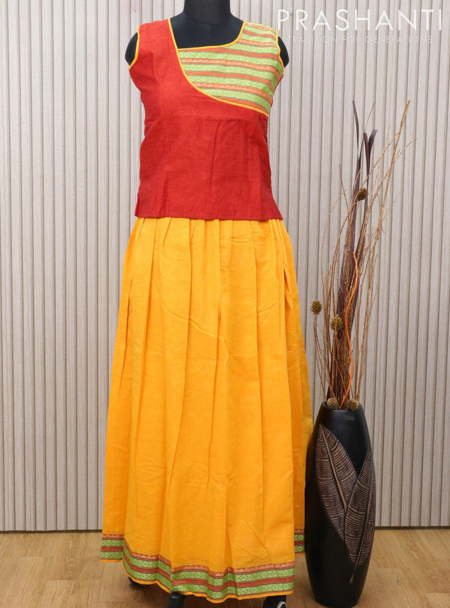 Mangalagiri cotton kids lehanga rustic orange and yellow with patch work neck pattern and thread woven border for 12 years - sleeve attached - {{ collection.title }} by Prashanti Sarees