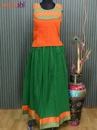 Mangalagiri cotton kids lehanga sunset orange and green with patch work neck pattern and zari woven border for 12 years - sleeve attached
