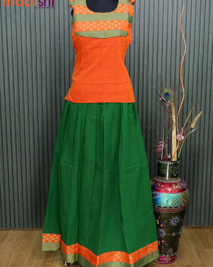 Mangalagiri cotton kids lehanga sunset orange and green with patch work neck pattern and zari woven border for 16 years - sleeve attached - {{ collection.title }} by Prashanti Sarees