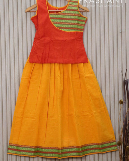 Mangalagiri cotton kids lehanga sunset orange and yellow with patch work neck pattern and thread woven border for 9 years - sleeve attached - {{ collection.title }} by Prashanti Sarees