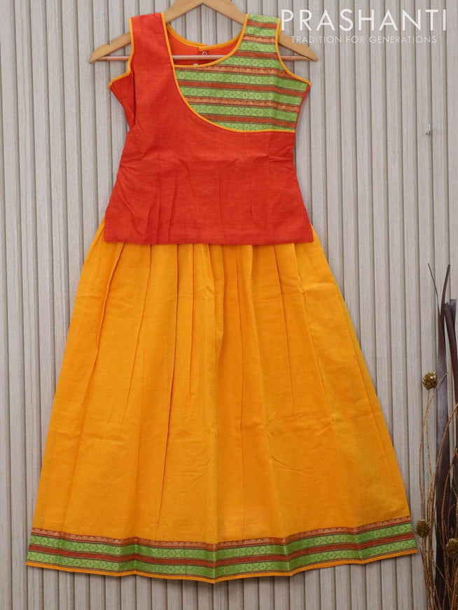 Mangalagiri cotton kids lehanga sunset orange and yellow with patch work neck pattern and thread woven border for 9 years - sleeve attached - {{ collection.title }} by Prashanti Sarees