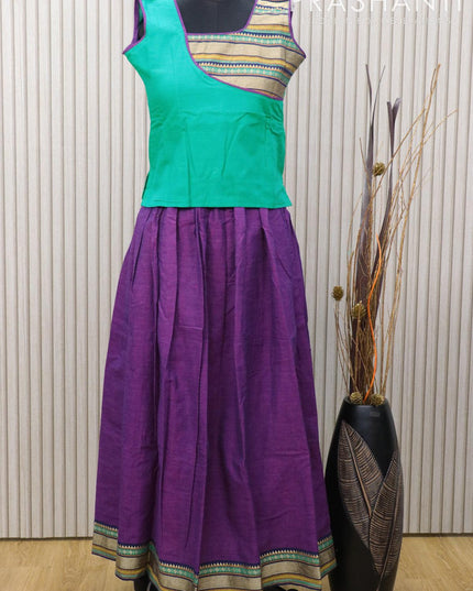 Mangalagiri cotton kids lehanga teal green and purple with patch work neck pattern and thread woven border for 11 years - sleeve attached - {{ collection.title }} by Prashanti Sarees