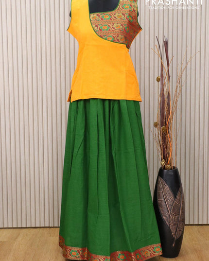 Mangalagiri cotton kids lehanga yellow and dark green with patch work neck pattern and floral zari woven border for 16 years - sleeve attached - {{ collection.title }} by Prashanti Sarees