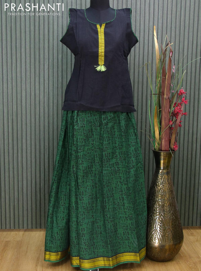 Mangalgiri cotton kids lehanga black and green with patch work neck pattern and woven border - sleeves attached for 16 years - {{ collection.title }} by Prashanti Sarees