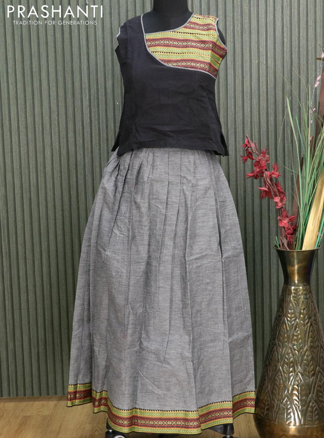 Mangalgiri cotton kids lehanga black and grey with patch work neck pattern and woven border - sleeves attached for 11 years - {{ collection.title }} by Prashanti Sarees