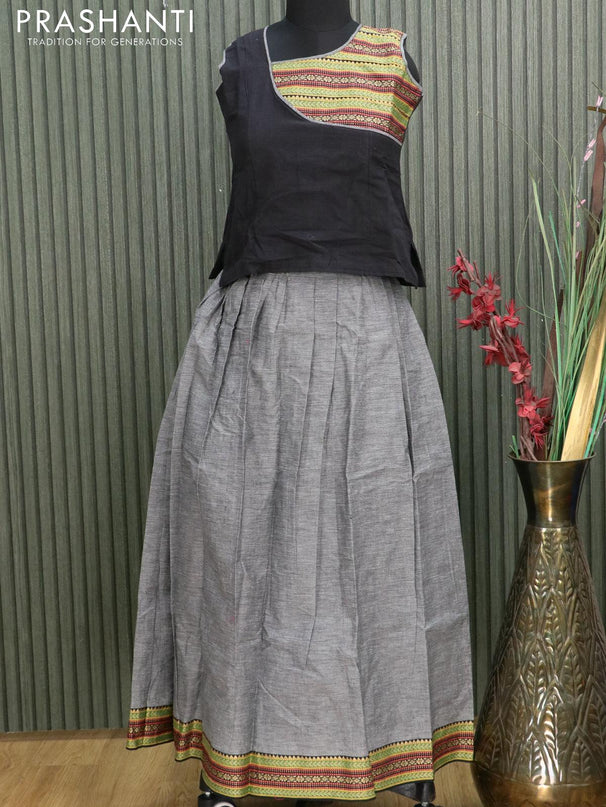 Mangalgiri cotton kids lehanga black and grey with patch work neck pattern and woven border - sleeves attached for 11 years - {{ collection.title }} by Prashanti Sarees