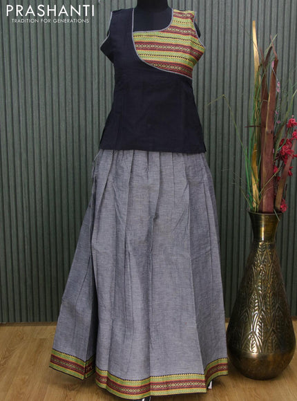 Mangalgiri cotton kids lehanga black and grey with patch work neck pattern and woven border - sleeves attached for 12 years - {{ collection.title }} by Prashanti Sarees