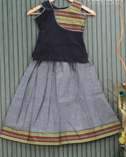 Mangalgiri cotton kids lehanga black and grey with patch work neck pattern and woven border - sleeves attached for 6 years - {{ collection.title }} by Prashanti Sarees