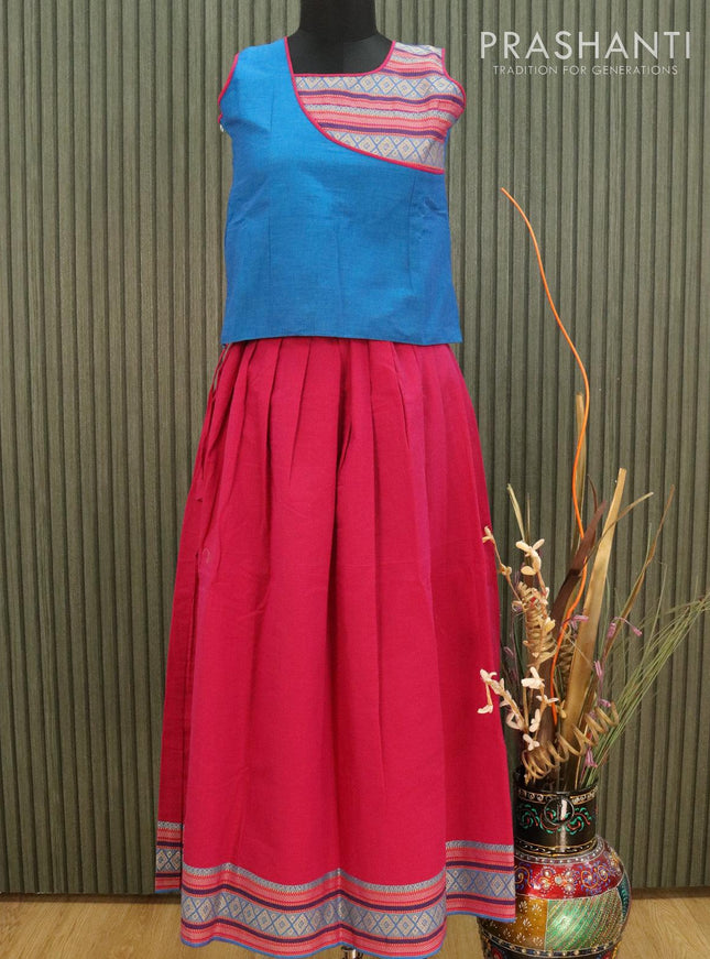 Mangalgiri cotton kids lehanga blue and pink with patch work neck pattern and zari woven border with separate sleeves for 11 years - {{ collection.title }} by Prashanti Sarees