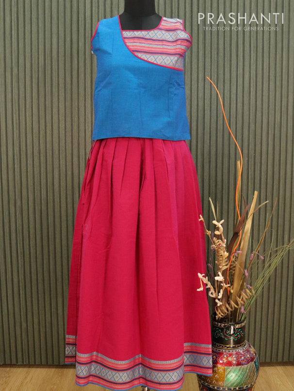 Mangalgiri cotton kids lehanga blue and pink with patch work neck pattern and zari woven border with separate sleeves for 11 years - {{ collection.title }} by Prashanti Sarees