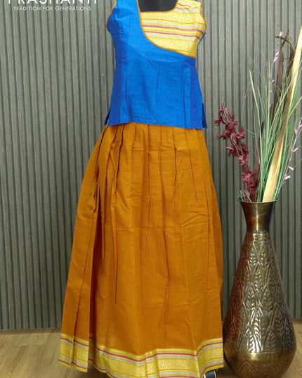 Mangalgiri cotton kids lehanga cs blue and mustard yellow with patch work neck pattern and woven border - sleeves attached for 12 years - {{ collection.title }} by Prashanti Sarees