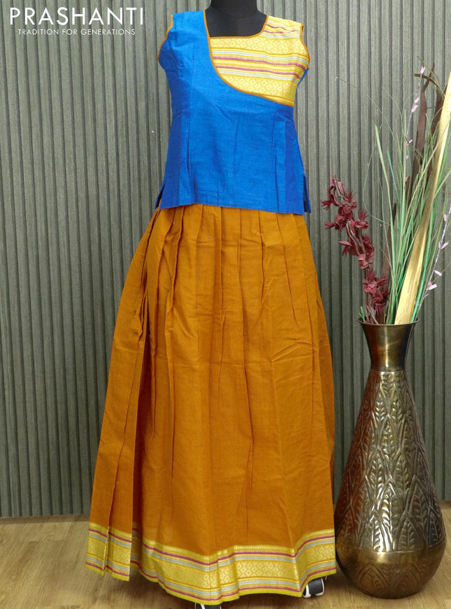 Mangalgiri cotton kids lehanga cs blue and mustard yellow with patch work neck pattern and woven border - sleeves attached for 12 years - {{ collection.title }} by Prashanti Sarees
