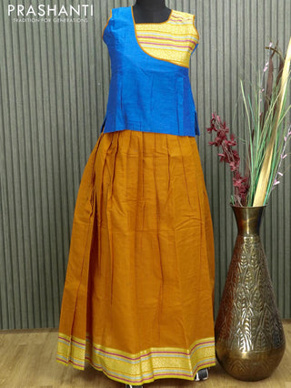 Mangalgiri cotton kids lehanga cs blue and mustard yellow with patch work neck pattern and woven border - sleeves attached for 12 years