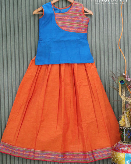 Mangalgiri cotton kids lehanga cs blue and orange with patch work neck pattern and woven border - sleeves attached for 10 years - {{ collection.title }} by Prashanti Sarees