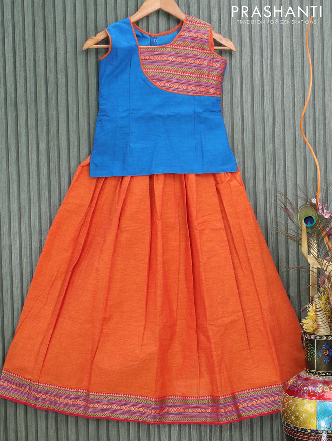 Mangalgiri cotton kids lehanga cs blue and orange with patch work neck pattern and woven border - sleeves attached for 10 years - {{ collection.title }} by Prashanti Sarees