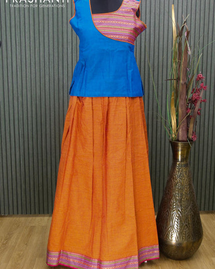 Mangalgiri cotton kids lehanga cs blue and orange with patch work neck pattern and woven border - sleeves attached for 13 years - {{ collection.title }} by Prashanti Sarees