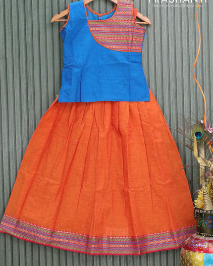 Mangalgiri cotton kids lehanga cs blue and sunset orange with patch work neck pattern and woven border - sleeves attached for 9 years - {{ collection.title }} by Prashanti Sarees