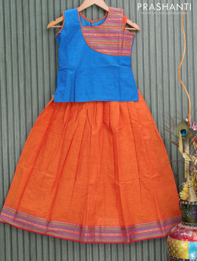 Mangalgiri cotton kids lehanga cs blue and sunset orange with patch work neck pattern and woven border - sleeves attached for 9 years - {{ collection.title }} by Prashanti Sarees