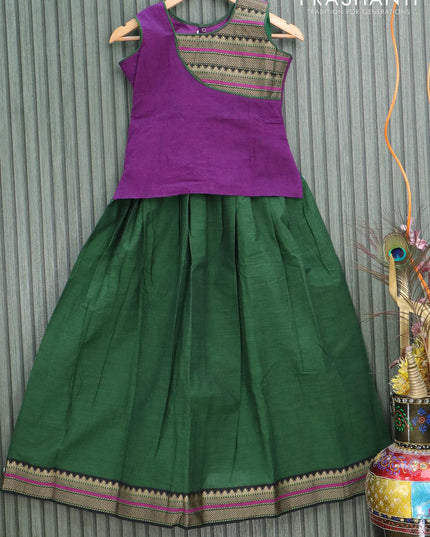 Mangalgiri cotton kids lehanga deep violet and green with patch work neck pattern and woven border - sleeves attached for 10 years - {{ collection.title }} by Prashanti Sarees