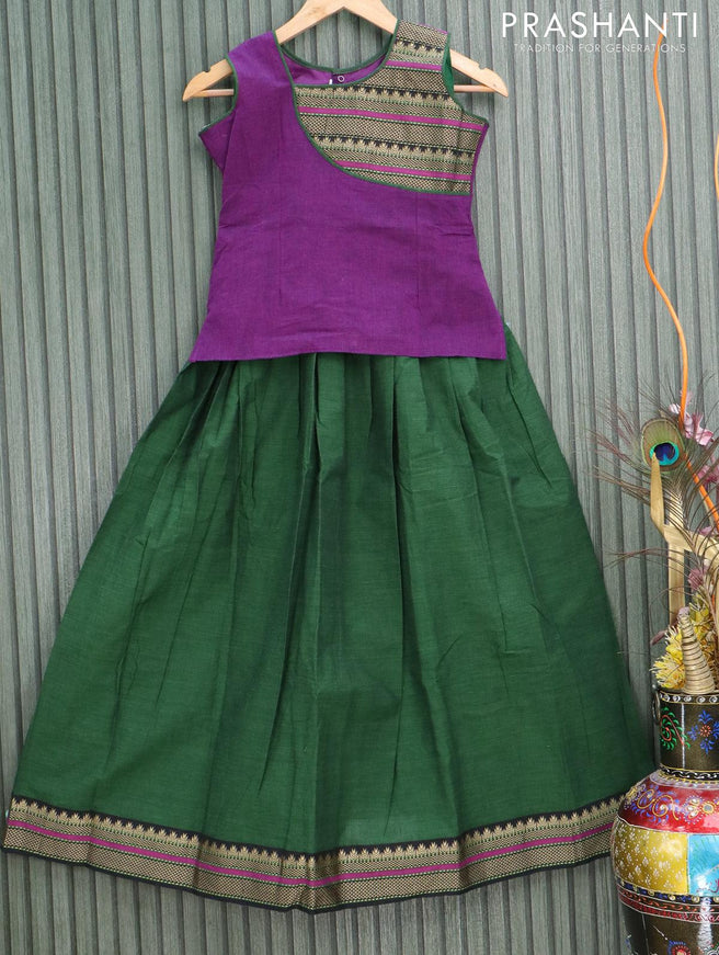 Mangalgiri cotton kids lehanga deep violet and green with patch work neck pattern and woven border - sleeves attached for 10 years - {{ collection.title }} by Prashanti Sarees