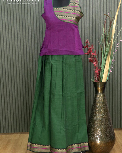 Mangalgiri cotton kids lehanga deep violet and green with patch work neck pattern and woven border - sleeves attached for 13 years - {{ collection.title }} by Prashanti Sarees