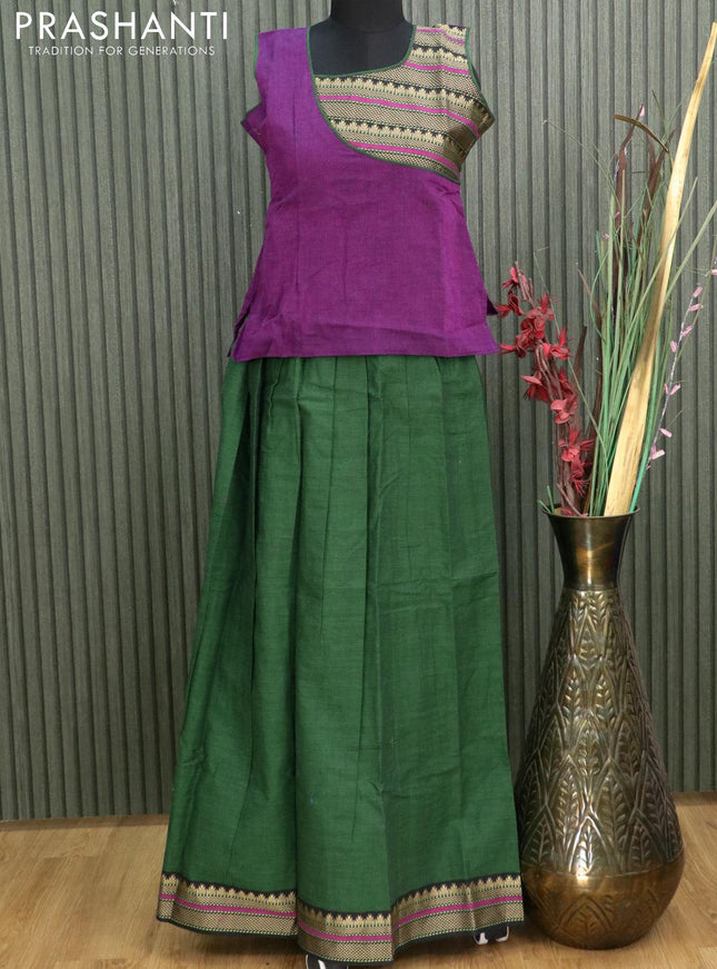 Mangalgiri cotton kids lehanga deep violet and green with patch work neck pattern and woven border - sleeves attached for 13 years - {{ collection.title }} by Prashanti Sarees
