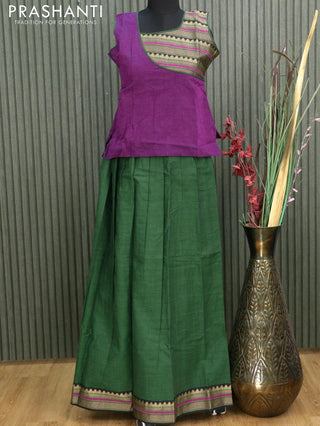 Mangalgiri cotton kids lehanga deep violet and green with patch work neck pattern and woven border - sleeves attached for 13 years