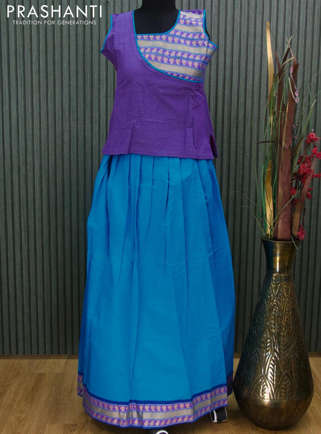 Mangalgiri cotton kids lehanga dual shade of purple and light blue with patch work neck pattern and woven border - sleeves attached for 11 years - {{ collection.title }} by Prashanti Sarees