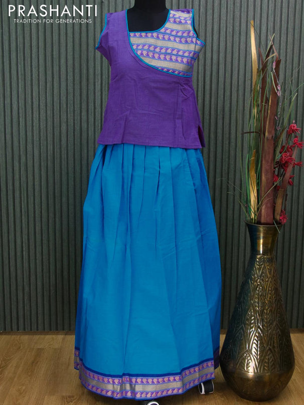 Mangalgiri cotton kids lehanga dual shade of purple and light blue with patch work neck pattern and woven border - sleeves attached for 11 years - {{ collection.title }} by Prashanti Sarees