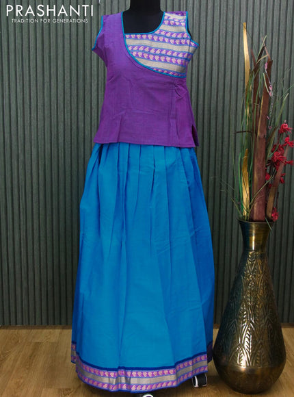 Mangalgiri cotton kids lehanga dual shade of purple and light blue with patch work neck pattern and zari woven border - sleeves attached for 12 years - {{ collection.title }} by Prashanti Sarees
