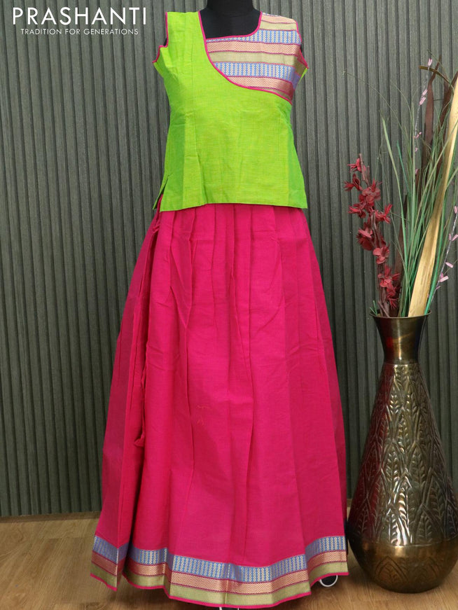 Mangalgiri cotton kids lehanga fluorescent green and pink with patch work neck pattern and zari woven border - sleeves attached for 12 years - {{ collection.title }} by Prashanti Sarees