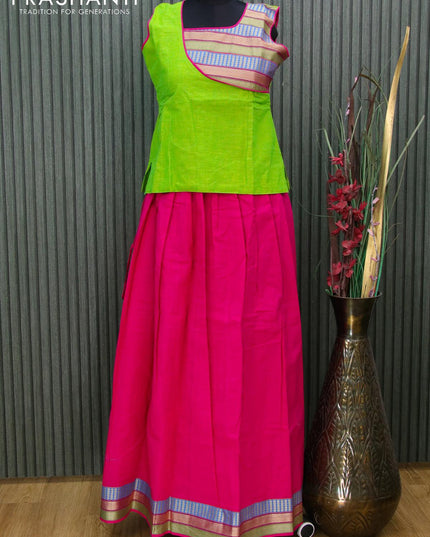 Mangalgiri cotton kids lehanga fluorescent green and pink with patch work neck pattern and zari woven border - sleeves attached for 13 years - {{ collection.title }} by Prashanti Sarees