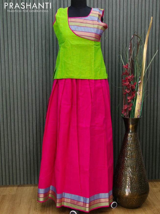 Mangalgiri cotton kids lehanga fluorescent green and pink with patch work neck pattern and zari woven border - sleeves attached for 13 years - {{ collection.title }} by Prashanti Sarees