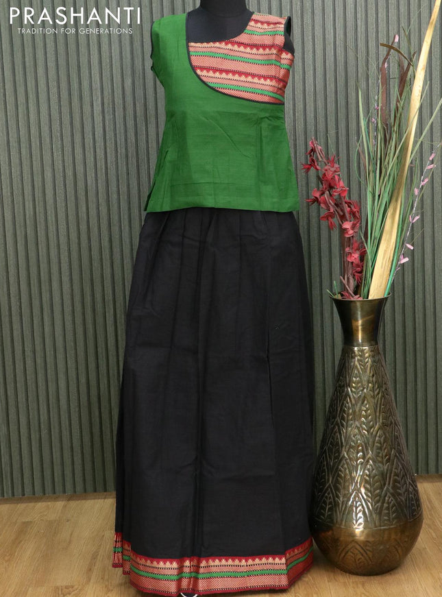 Mangalgiri cotton kids lehanga green and black with patch work neck pattern and woven border - sleeves attached for 12 years - {{ collection.title }} by Prashanti Sarees