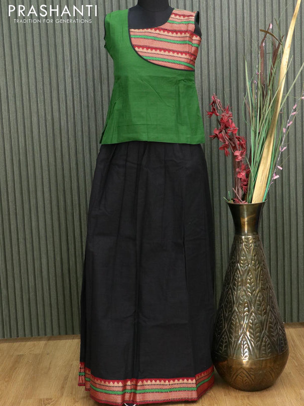 Mangalgiri cotton kids lehanga green and black with patch work neck pattern and woven border - sleeves attached for 12 years - {{ collection.title }} by Prashanti Sarees