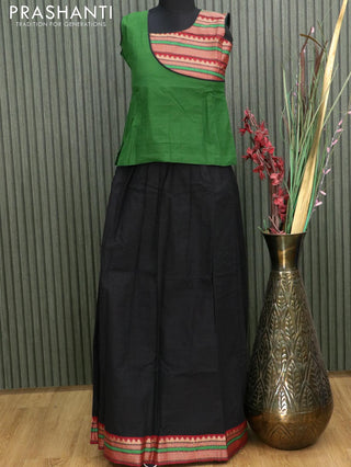 Mangalgiri cotton kids lehanga green and black with patch work neck pattern and woven border - sleeves attached for 12 years