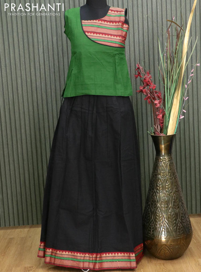 Mangalgiri cotton kids lehanga green and black with patch work neck pattern and woven border - sleeves attached for 13 years - {{ collection.title }} by Prashanti Sarees