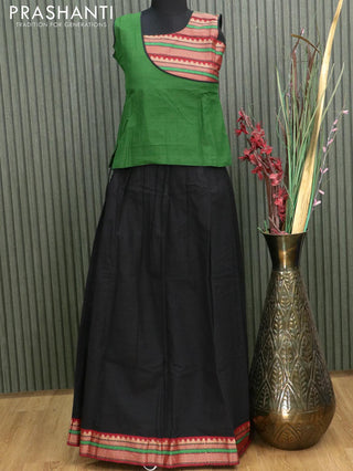 Mangalgiri cotton kids lehanga green and black with patch work neck pattern and woven border - sleeves attached for 13 years