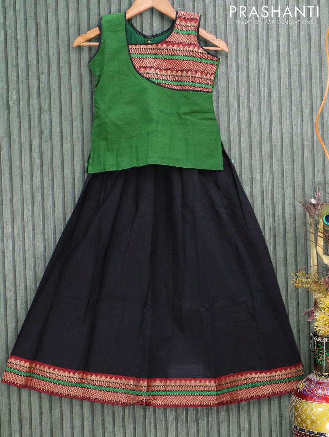 Mangalgiri cotton kids lehanga green and black with patch work neck pattern and woven border - sleeves attached for 8 years - {{ collection.title }} by Prashanti Sarees