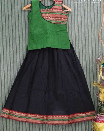 Mangalgiri cotton kids lehanga green and black with patch work neck pattern and woven border - sleeves attached for 9 years - {{ collection.title }} by Prashanti Sarees