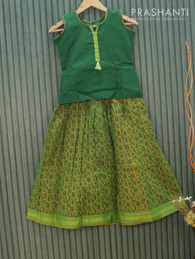 Mangalgiri cotton kids lehanga green and mustard green with patch work neck pattern and zari woven border with separate sleeves for 9 year - {{ collection.title }} by Prashanti Sarees