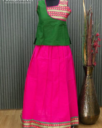 Mangalgiri cotton kids lehanga green and pink with patch work neck pattern and woven border - sleeves attached for 12 years - {{ collection.title }} by Prashanti Sarees